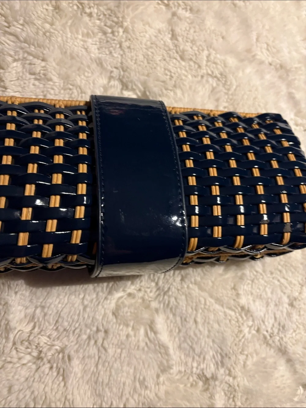 Tory Burch Navy and Tan Woven Patent Clutch